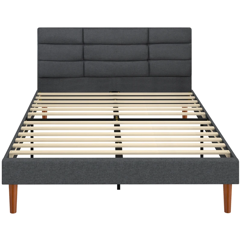 Cama Estofada em Cinzento com Cabeceira Almofadada