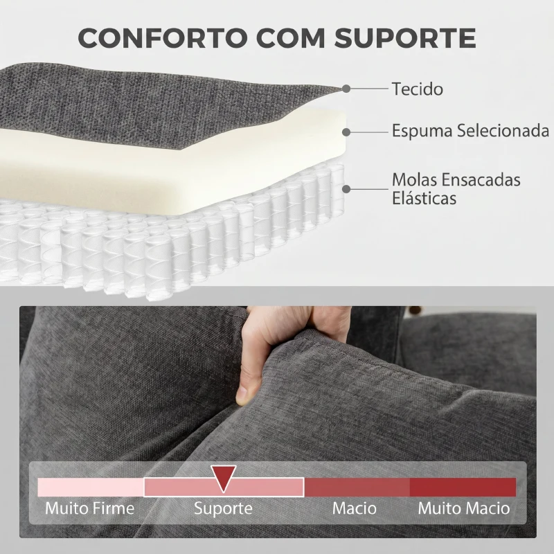 Sofá Chaise Longue Reversível 3 Lugares em Tecido Efeito Linho Cinza - Image 4